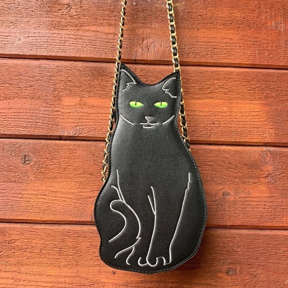 Black cat kitty crossbody purse gold chain kitten - Picture 2 of 13